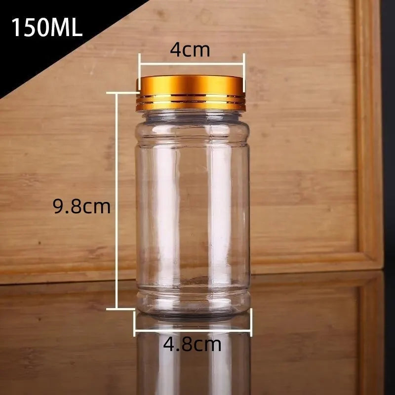 Transparent Plastic Jars with Metal Caps – Set of 5 Sealed Food Storage Jars Qme 150ml Gold lid 5 pcs