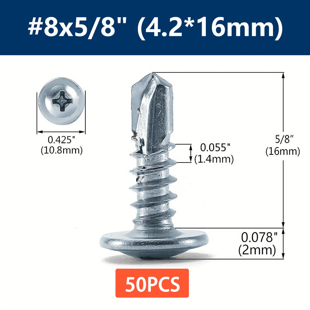 #8 Phillips Truss Head Self-Drilling Tek Screws | Zinc Sheet Metal Self-Drilling Screws Qme 50pcs 16mm