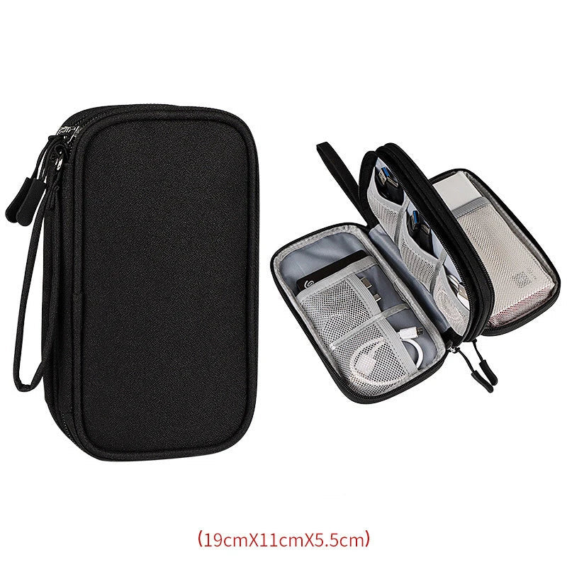Portable Travel Electronics Organizer Bag – Multi-Layer Nylon Electronics Organizer Bag Qme 19X11X5.5CM Black