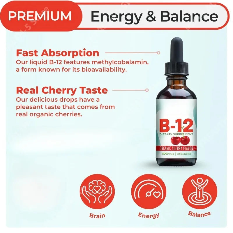 Vitamin B12 Drops 5000mcg Methylcobalamin Cherry Vegan 60ml Vitamin B12 Supplement Qst