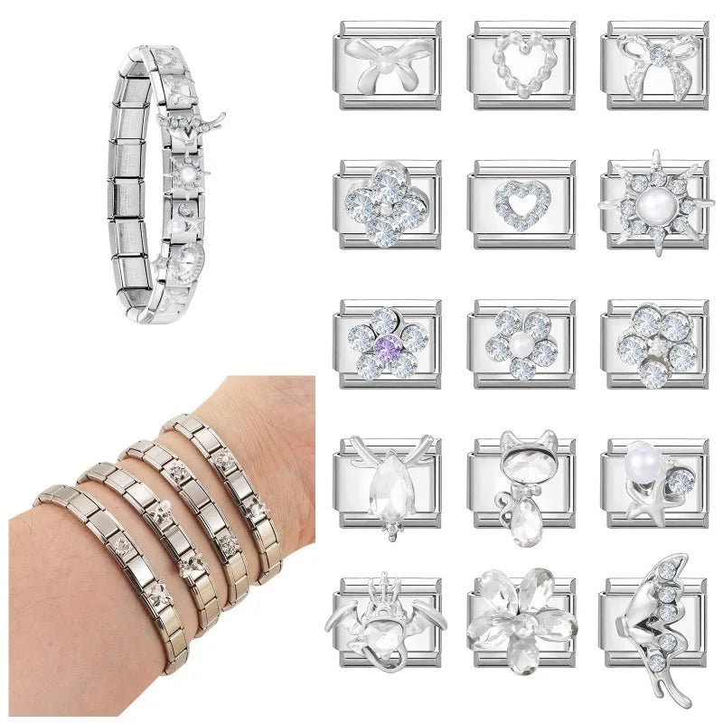Shiny CZ Charm Bracelet – Heart, Cat, Bow & Wing Links Charm Bracelet Qme