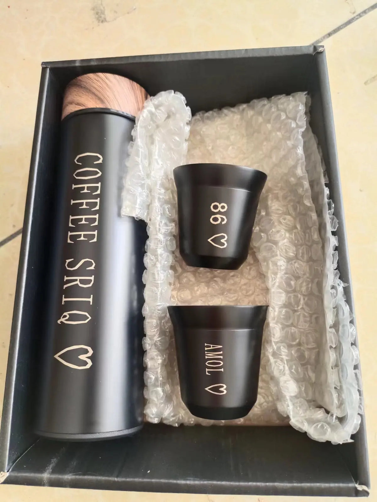 Custom Text Stainless Steel Thermal Coffee Mug – Black & White Thermal Coffee Mug Qst