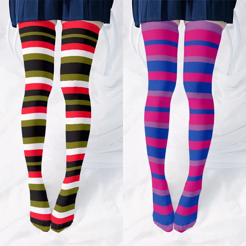 Rainbow Striped Thigh High Stockings | Kawaii Multicolor Hosiery Thigh High Stockings Qme