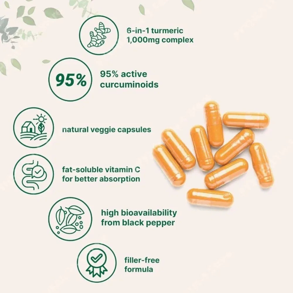 Turmeric Curcumin 1000mg Capsules – Ginger, Black Pepper & Vitamin C Herbal Supplement Capsules Qst