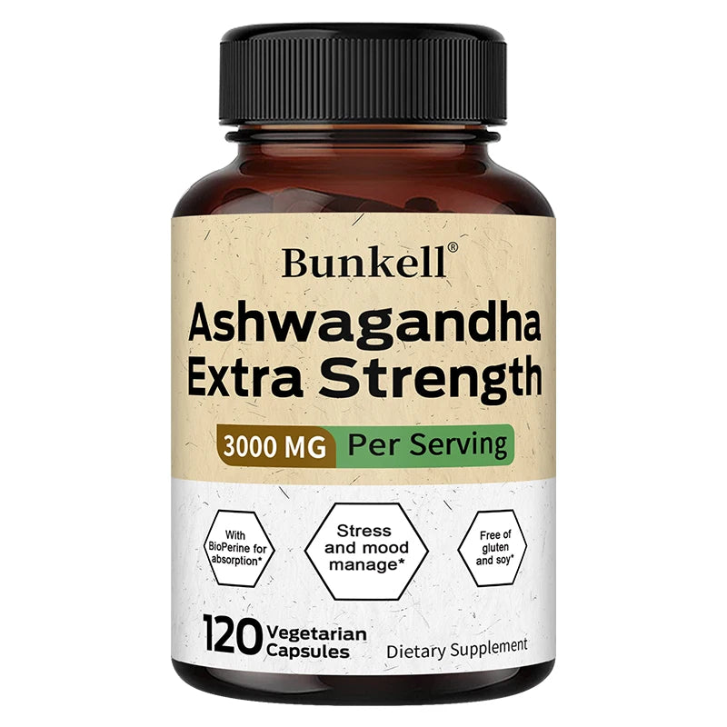 Organic Ashwagandha 3000mg + BioPerine Capsules | Bunkell Herbal Supplement Qst 120 count 3 bottle