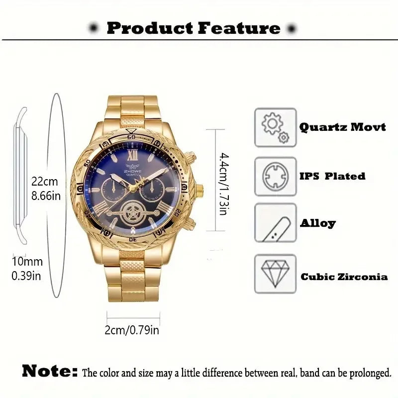 Men's Quartz Watch & Iced Cuban Chain Necklace 3-Piece Set Men's Jewelry Set Qme