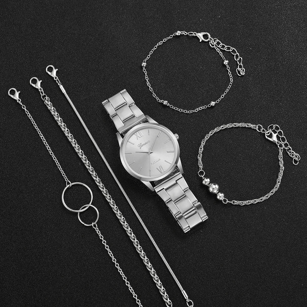 Women's Roman Dial Quartz Watch & Silver Alloy Bracelet Set Quartz Watch Set Qme