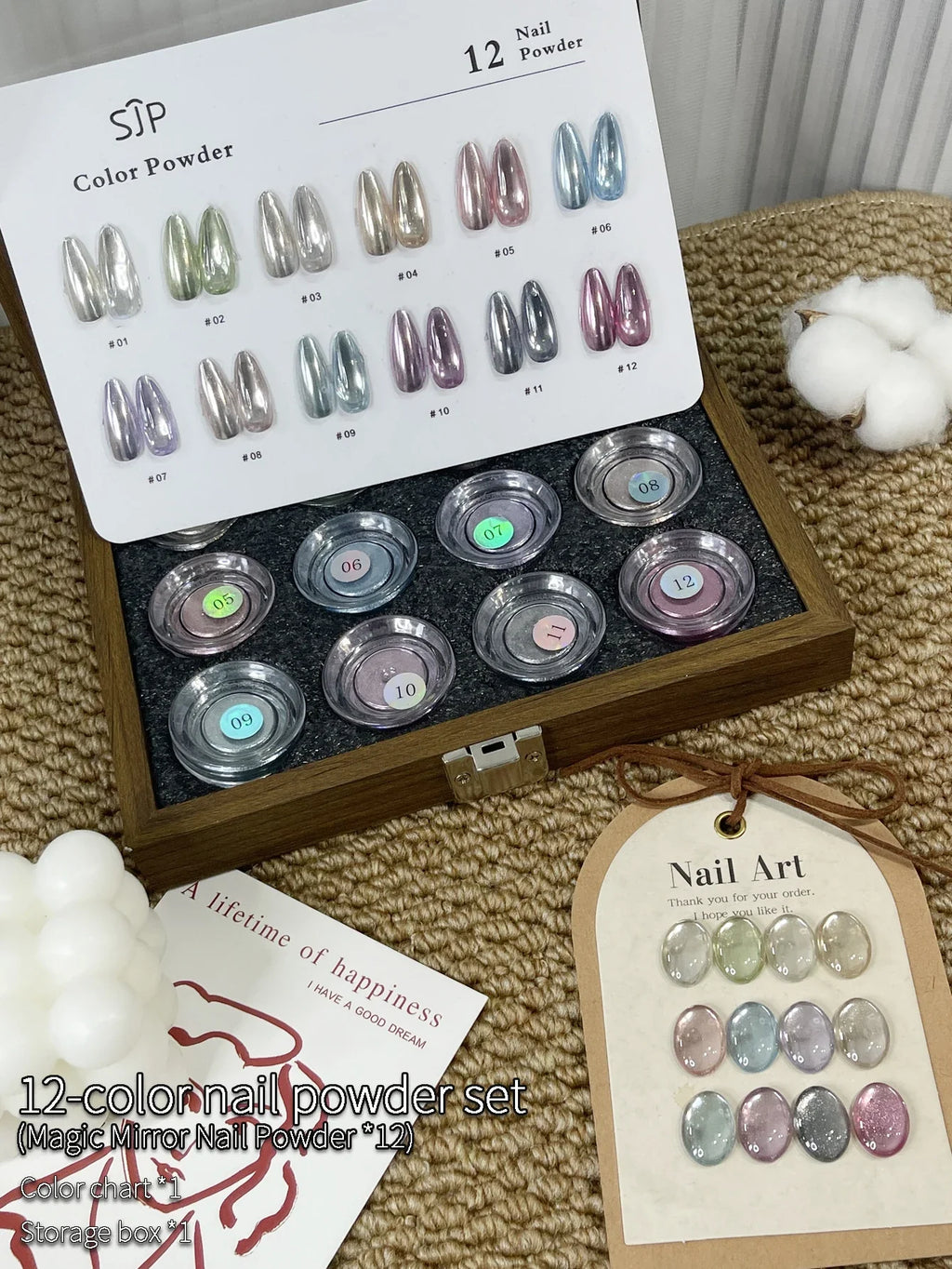 12-Color Mirror Nail Powder Set with Cards & Storage Box Mirror Nail Powder Kit Qme