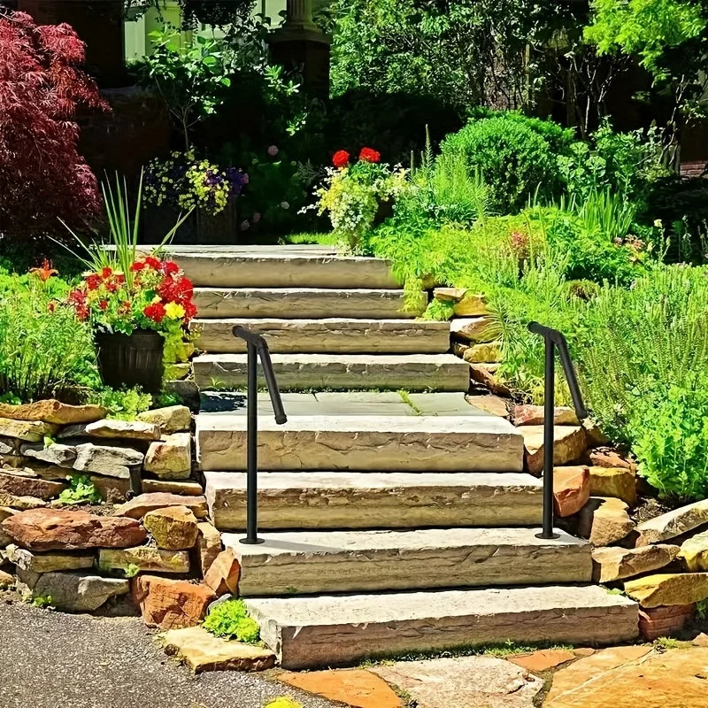 Wrought Iron Outdoor Stair Handrail – Single Post, 1–2 Steps Outdoor Stair Handrail Qme