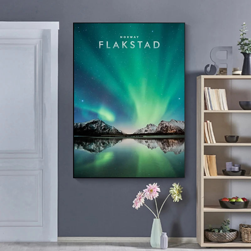 Norway Aurora Mountain Canvas Wall Art Print – Unframed Poster Canvas Wall Art Qst