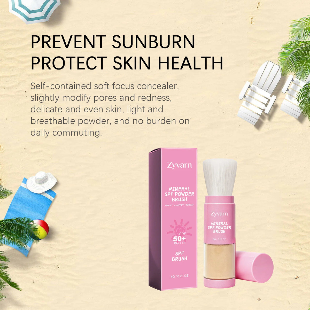 Zyvarn SPF50+ Mineral Sunscreen Powder Brush – Matte Finish Mineral Sunscreen Powder Qst