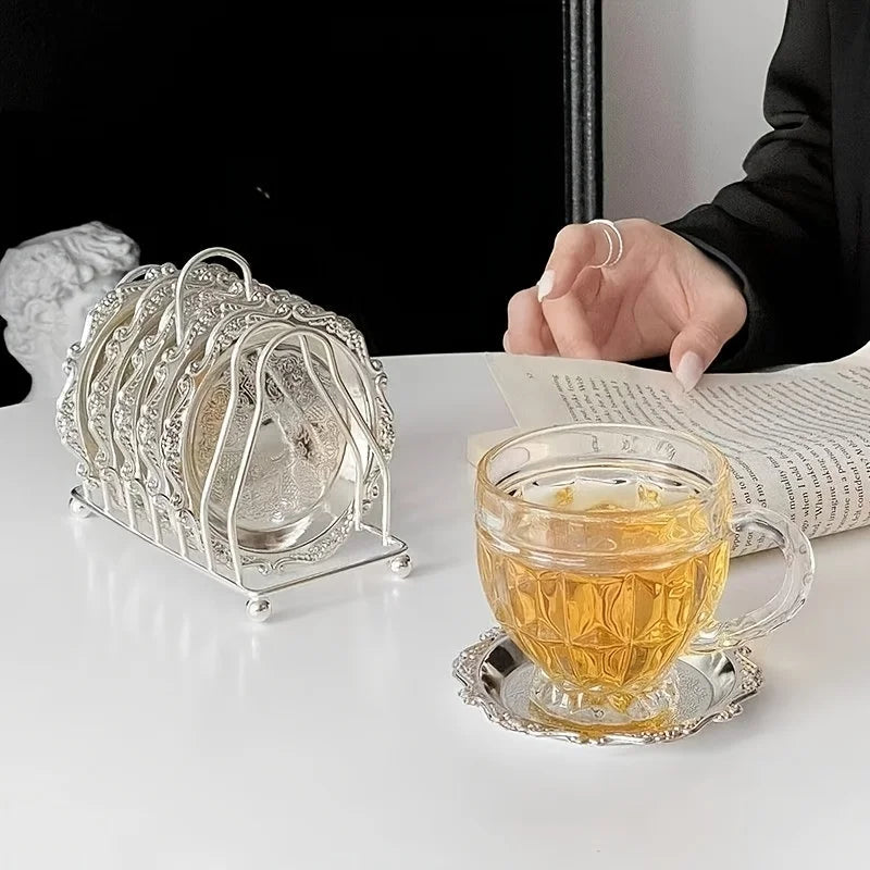 Carved Metal Drink Coasters Set with Holder – Luxury Steel Drink Coaster Set Qme