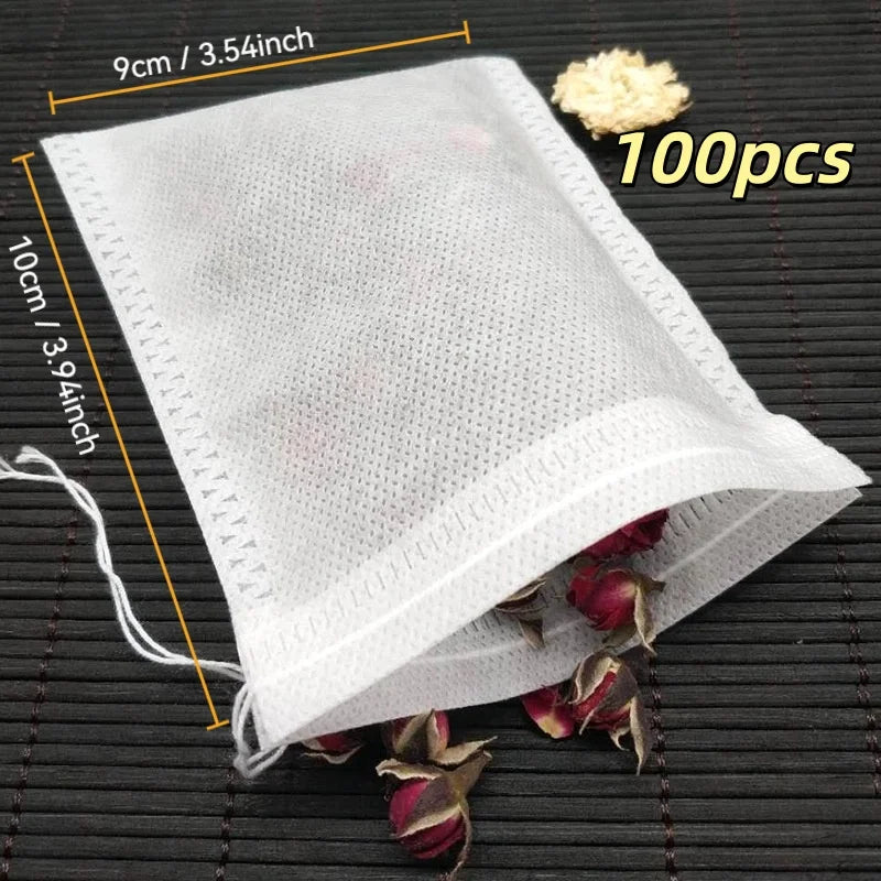 Food Grade Non-Woven Tea Filter Bags with String – 100 Pack Tea Filter Bags Qme