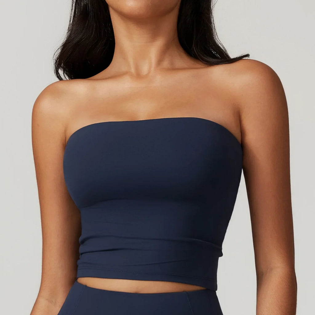 Women's Strapless Sports Bra Yoga Vest | Open Back, 9 Colors Strapless Sports Bra Qme badge blue XL