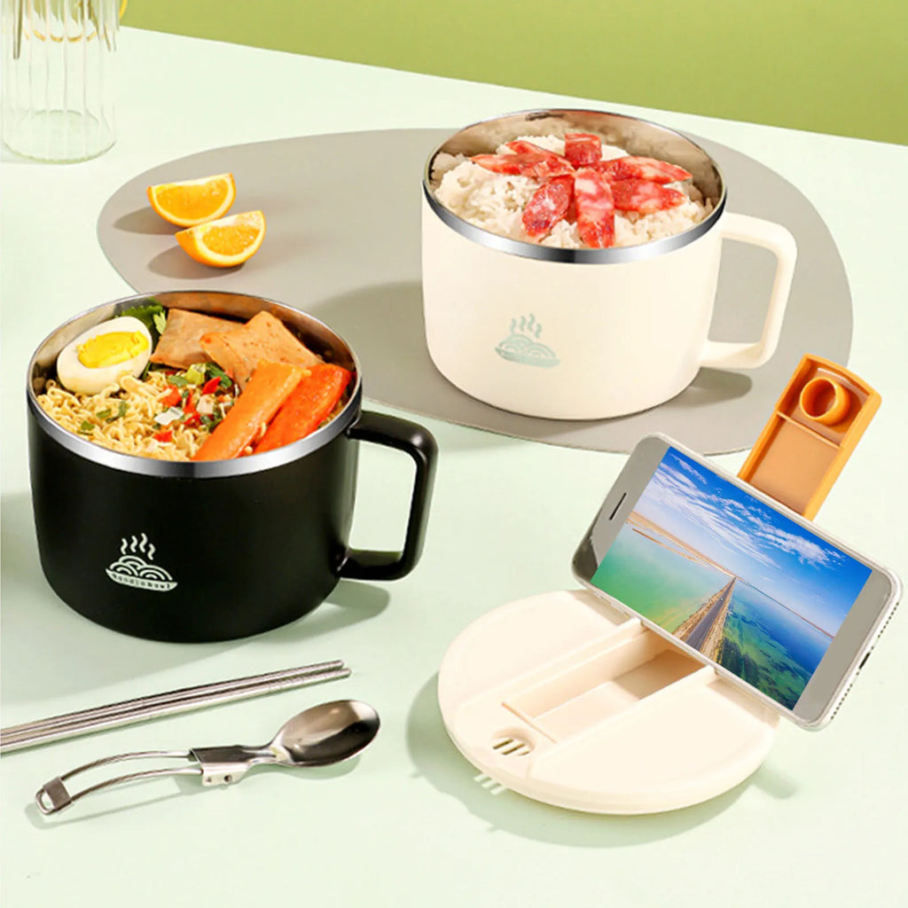 1200ml Stainless Steel Ramen Bowl with Lid, Chopsticks & Spork Portable Ramen Bowl Set Qme