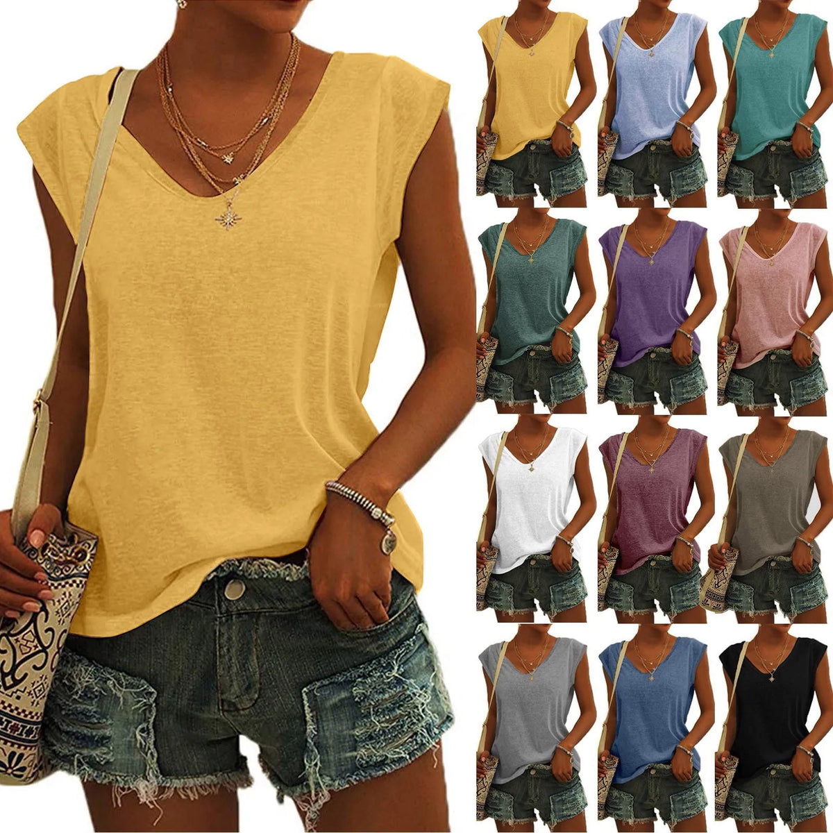Women's Minimalist V-Neck Sleeveless Top | 12 Colors, S–XXL Sleeveless Tank Top Qme