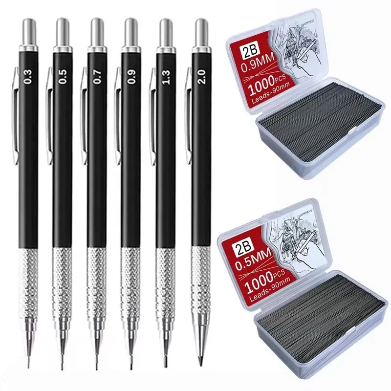 Metal Mechanical Pencil Set – Multi-Size Lead Refills 0.3–2.0mm Mechanical Pencil Set Qme