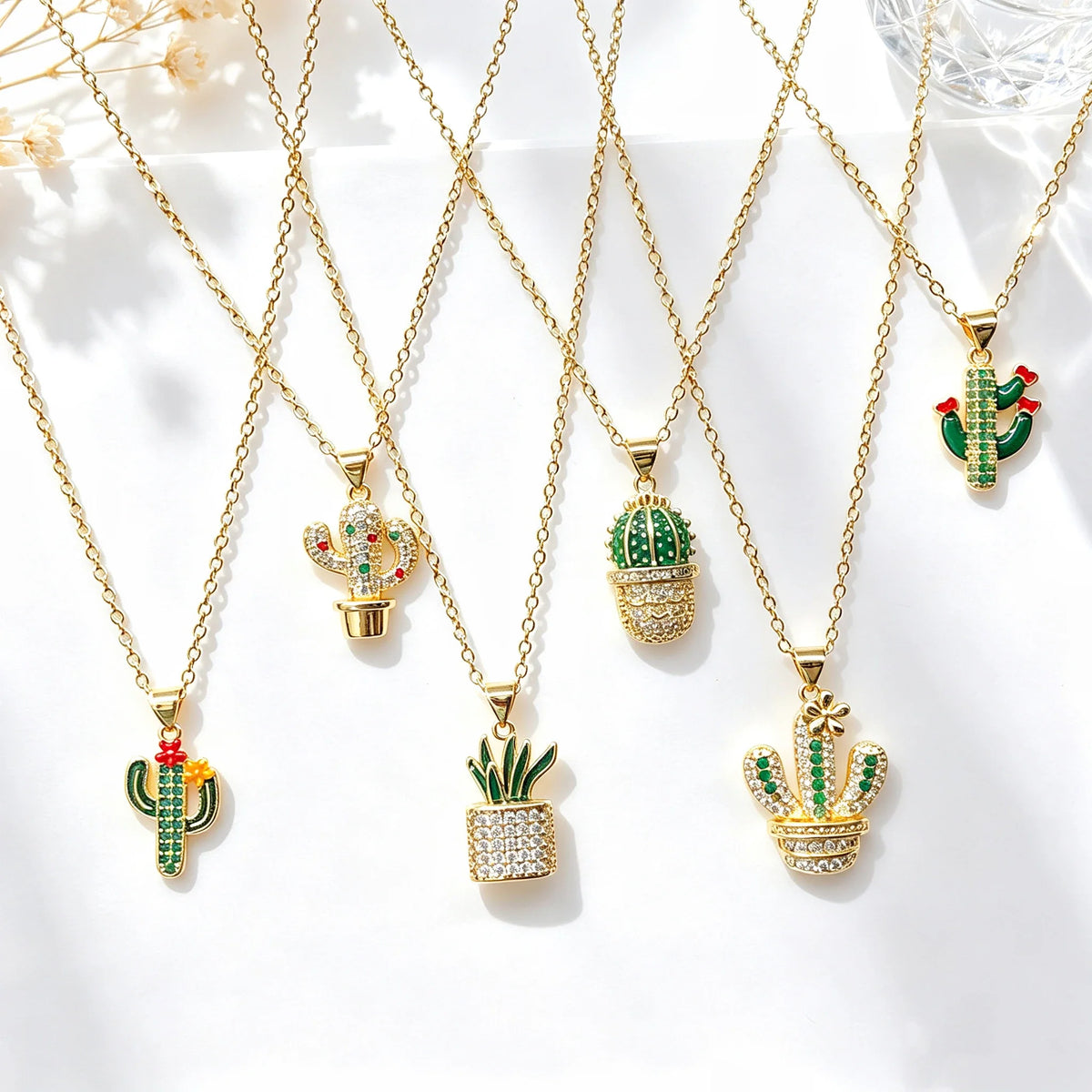 Gold Plated Multicolor Zircon Enamel Cactus Pendant Necklace Pendant Necklace Qme