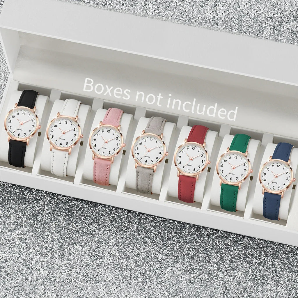 Women's Arabic Dial Quartz Watch & Leather Bracelet Set Quartz Watch Set Qme 7pcs