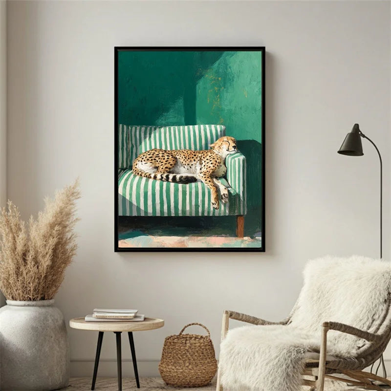 Leopard Canvas Wall Art – Minimalist Greenish-Gray Cheetah Print Canvas Wall Art Qst