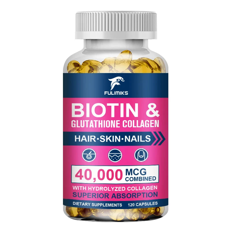 Biotin 5000mcg + Collagen & Glutathione Capsules – 120ct Beauty Supplement Capsules Qst 120pcs - 1 BOX Trial