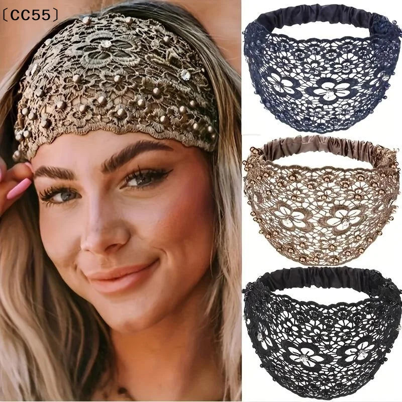 Women's Rhinestone Faux Pearl Hollow Flower Wide Headband Fashion Headband Qst