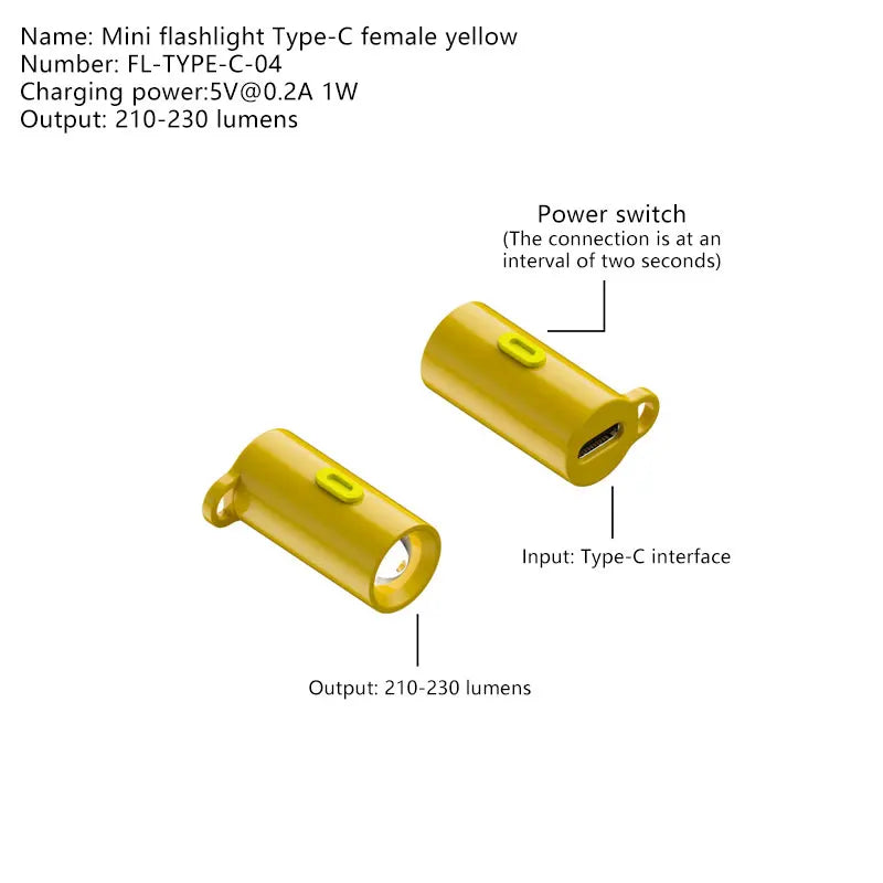 Type-C LED Mini Flashlight – Portable USB-C Pocket Torch LED Pocket Flashlight Qst Type C Female Yellow