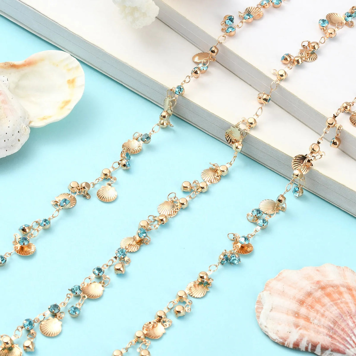 Pandahall 5m Golden Brass Chain Sea Shell Rhinestone Dangles Jewelry Making Chain Qme
