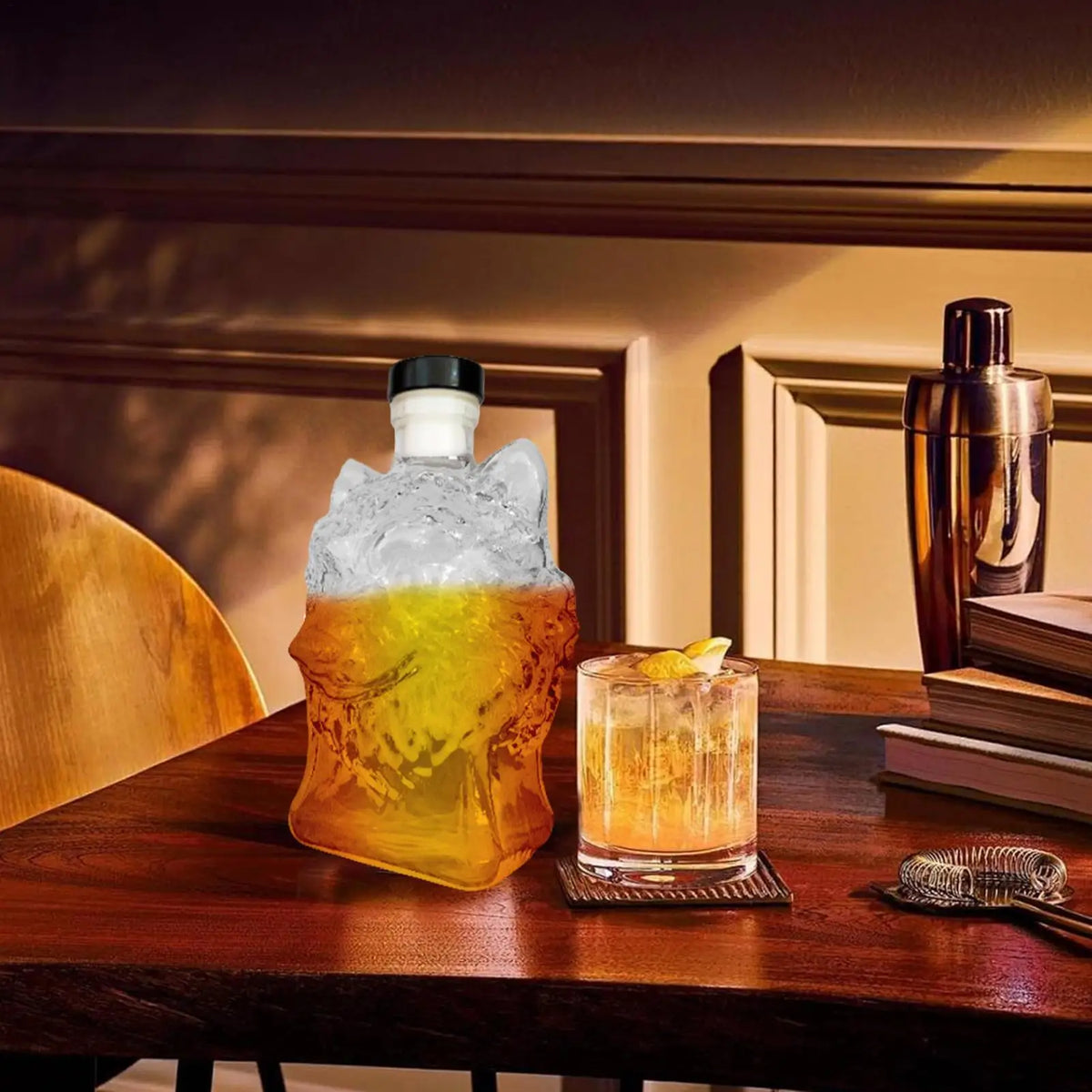 Wolf Head Glass Whiskey Decanter 350ml | Bar Gift Glass Whiskey Decanter Qme