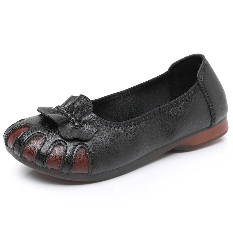 Women's Soft Leather Slip-On Flat Loafers with Floral Detail Flat Loafers Qst