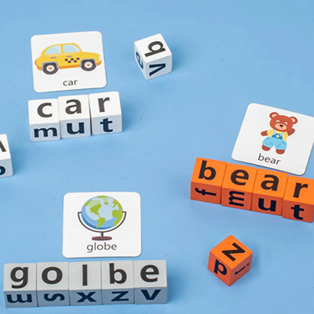 Wood Spelling Blocks Flash Card Letter Matching Game for Kids Educational Learning Toy Qme