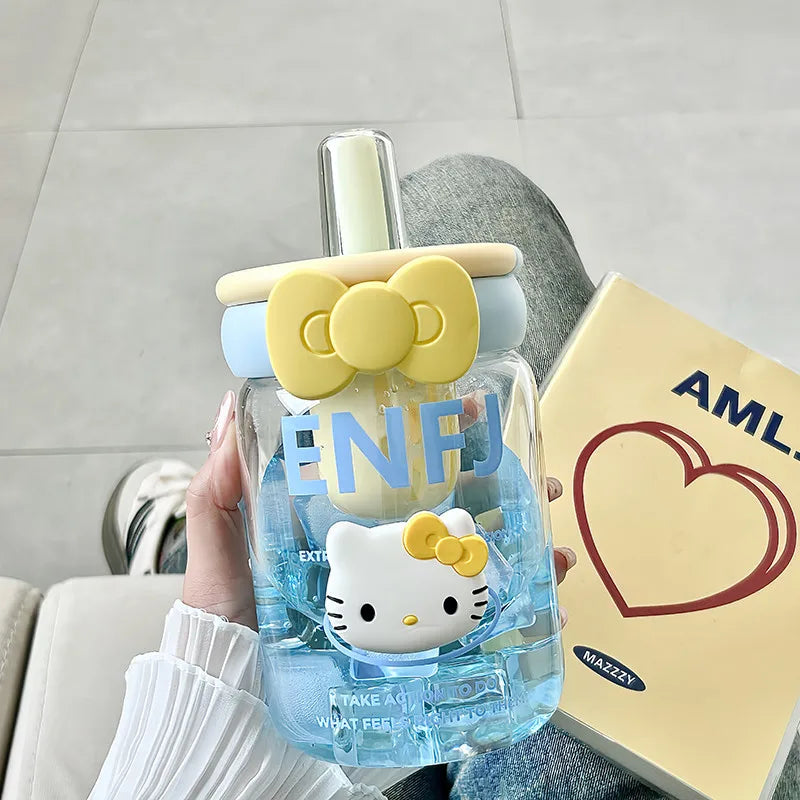 Hello Kitty Glass Cup with Straw & Tea Separator | Cute Office Cup Glass Tea Cup Qme