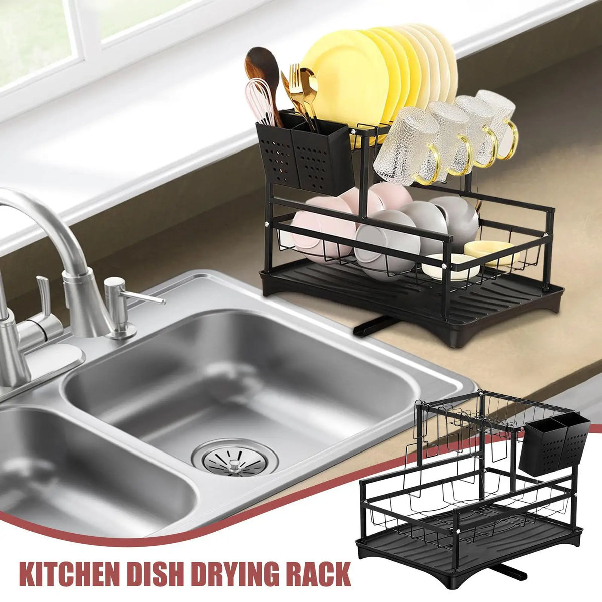 2-Tier Dish Drying Rack | Plate & Pot Lid Drainer Organizer Dish Drying Rack Qme