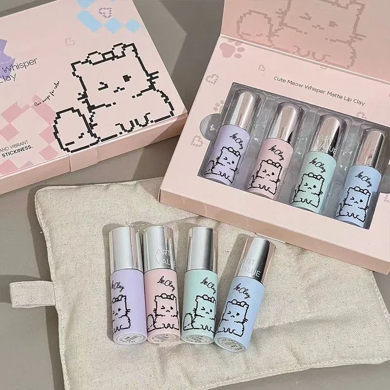 Kawaii Cat Velvet Nude Matte Lipstick Set – 4 Pcs Silky Matte Lipstick Set Qme