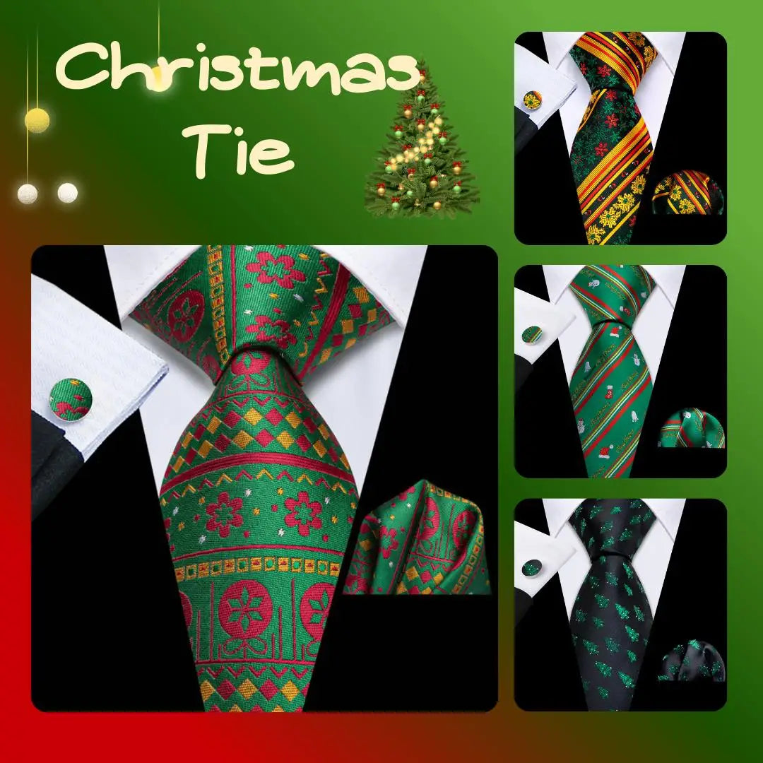 Men's Christmas Green Tie, Pocket Square & Cufflinks Set Necktie Gift Set Qme