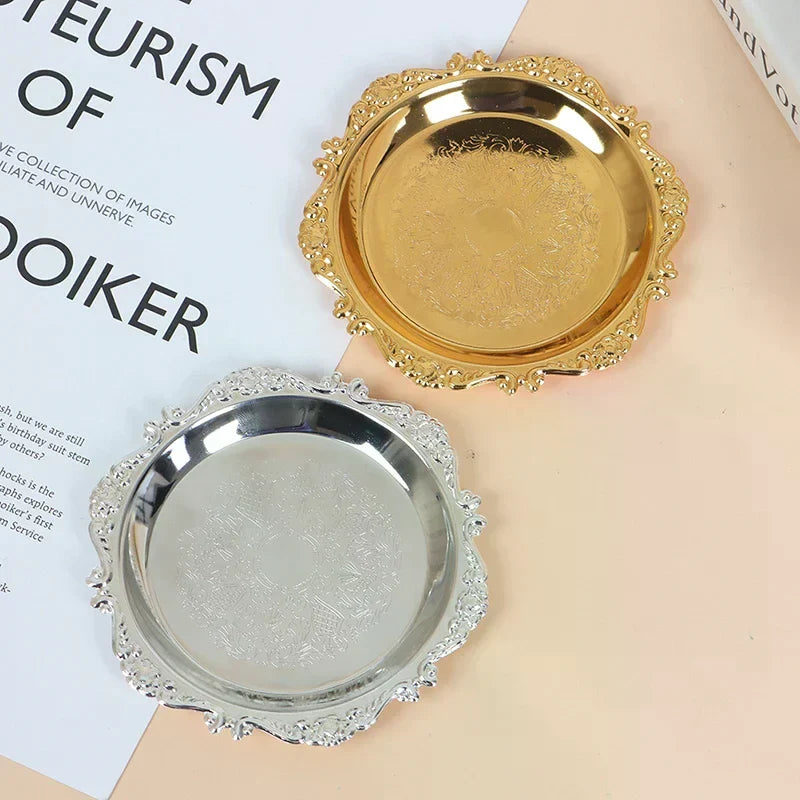 Silver & Gold Glossy Iron Decorative Tray | Buffet Plate Decorative Serving Tray Qme