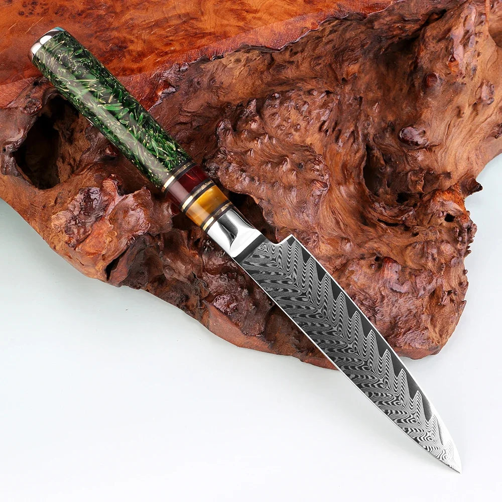 5-Inch Damascus Steel Utility Knife – Rice Husk Resin Handle Utility Kitchen Knife Qst