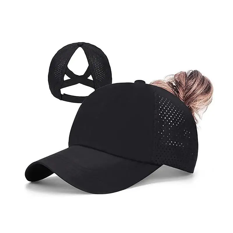 Women's Cross-Mesh Ponytail Baseball Cap – Breathable Sun Hat Ponytail Baseball Cap Qst Black