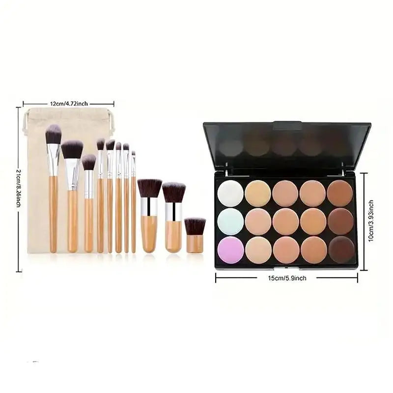 15-Color Concealer Palette & 11Pc Bamboo Brush Set | Qme Makeup Brush & Palette Set Qme Set