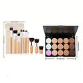 15-Color Concealer Palette & 11Pc Bamboo Brush Set | Qme Makeup Brush & Palette Set Qme Set