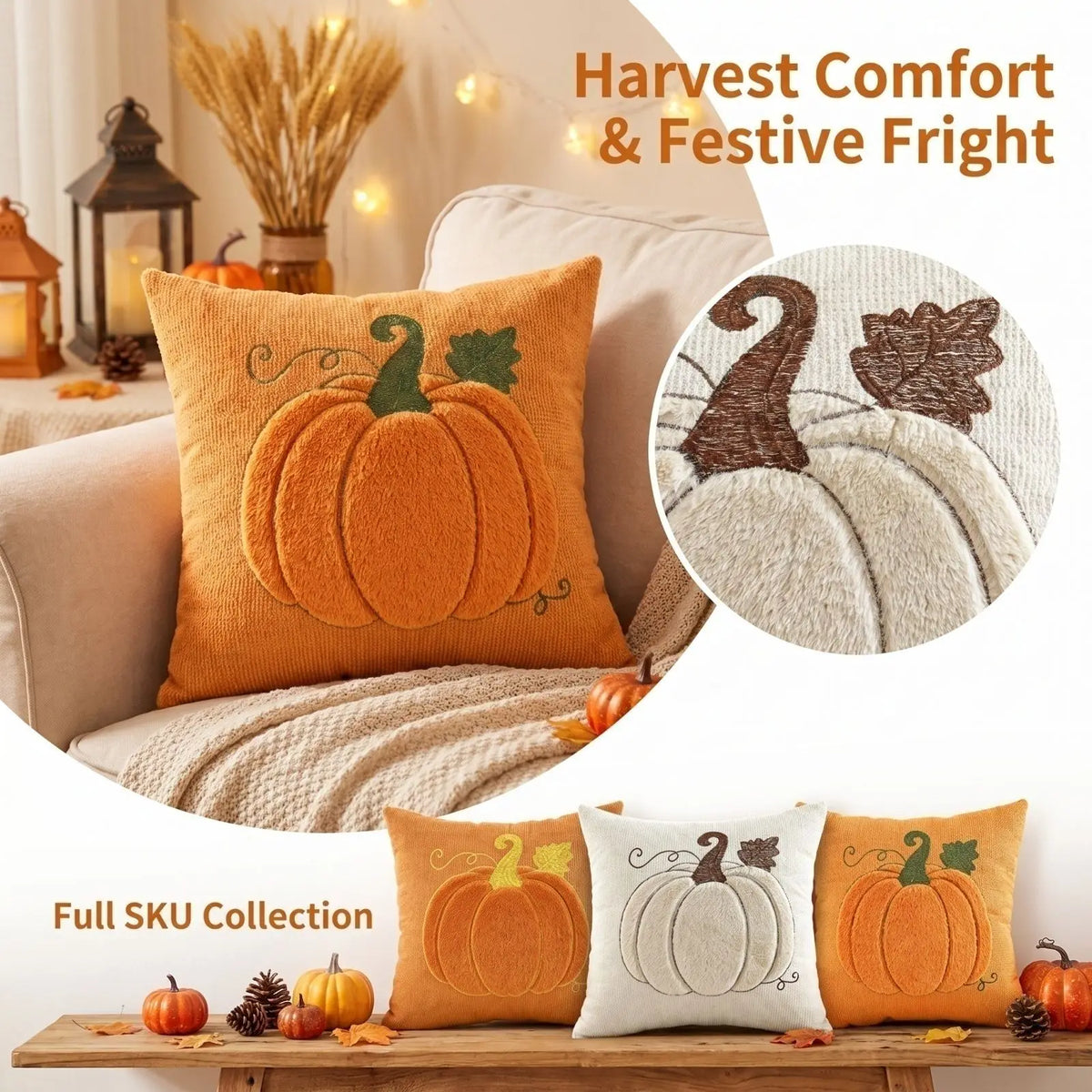 Halloween Pumpkin Leaf Quilted Pillowcase 45x45cm | 3 Colors Decorative Cushion Cover Qme