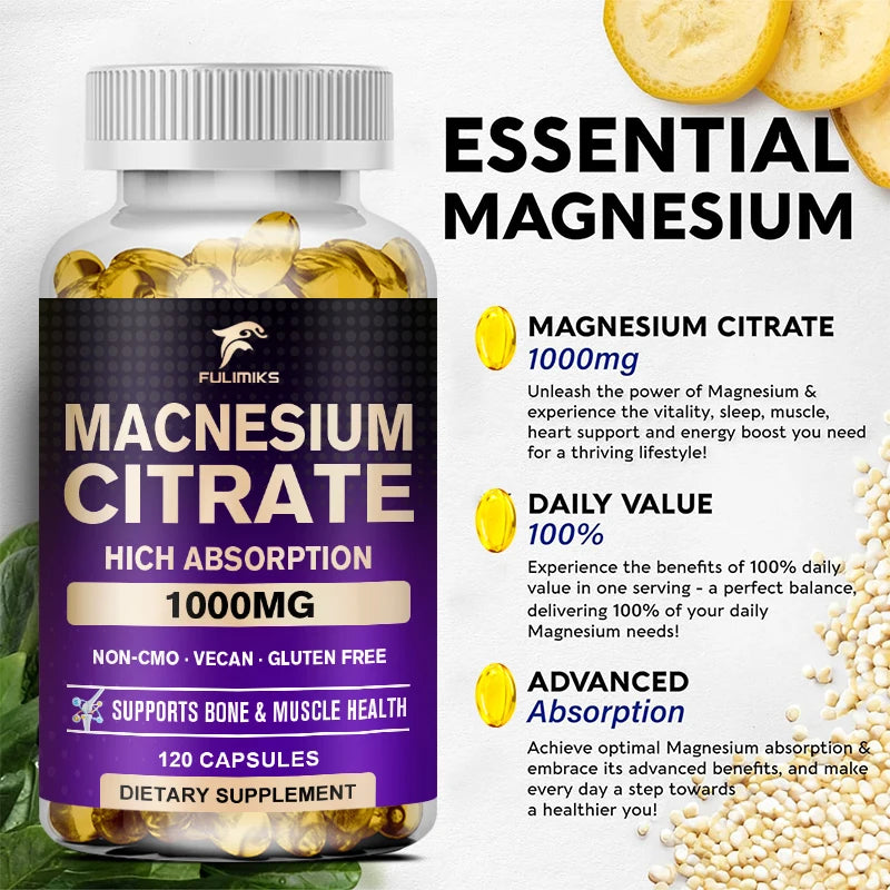 Magnesium Citrate 1000mg Capsules – Digestive Regularity Support Mineral Supplement Qst