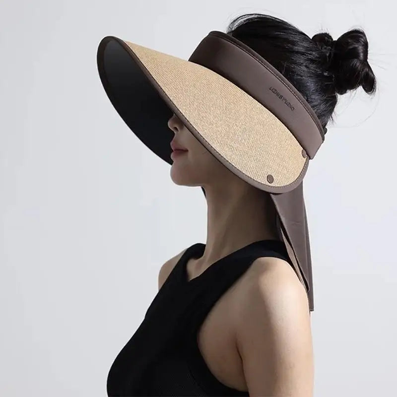 Women's Wide Brim Straw Sun Hat with Removable Shawl Wide Brim Sun Hat Qst one size Khaki
