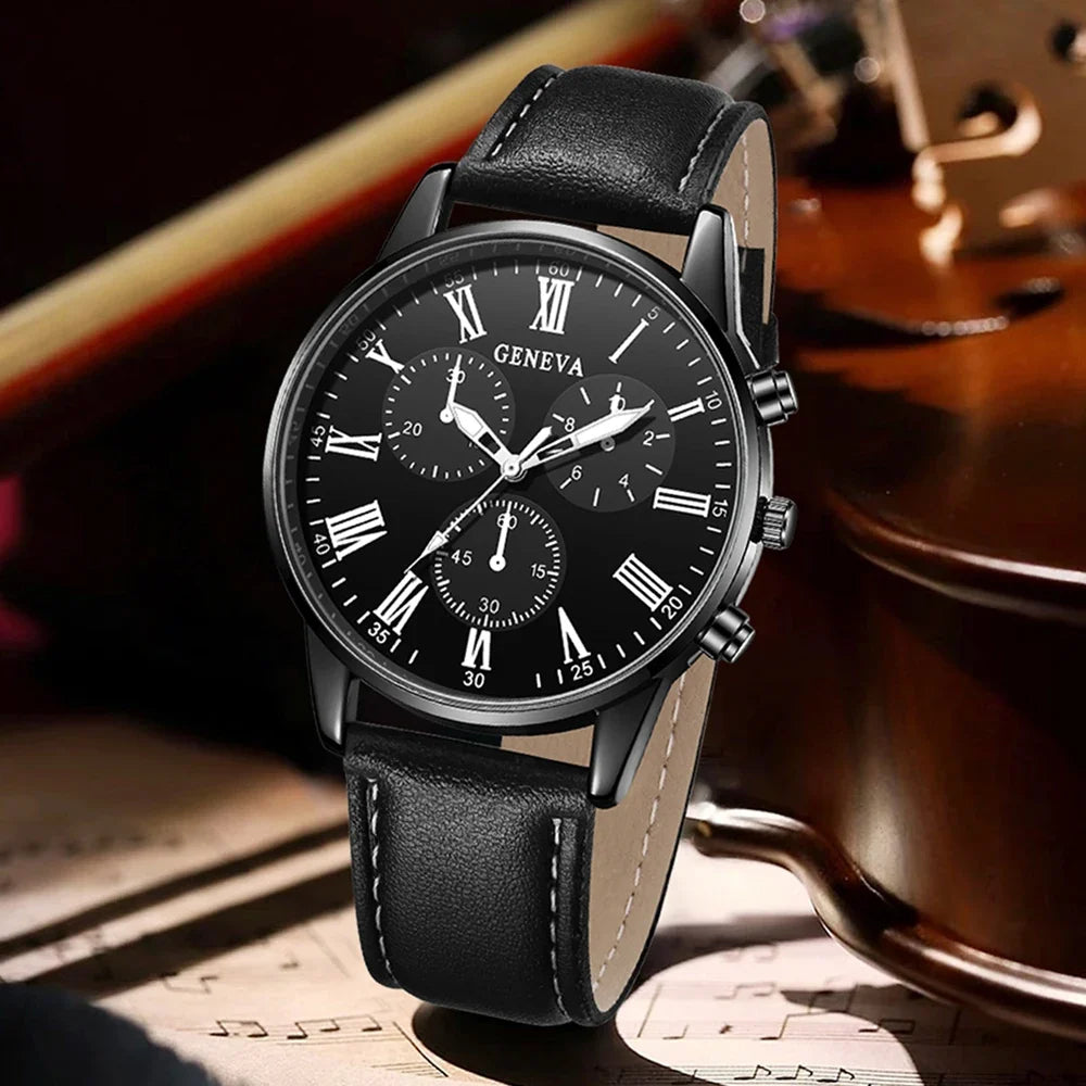 Men's Chronograph Watch & Jewelry Set – Black Leather Strap Chronograph Watch Set Qme