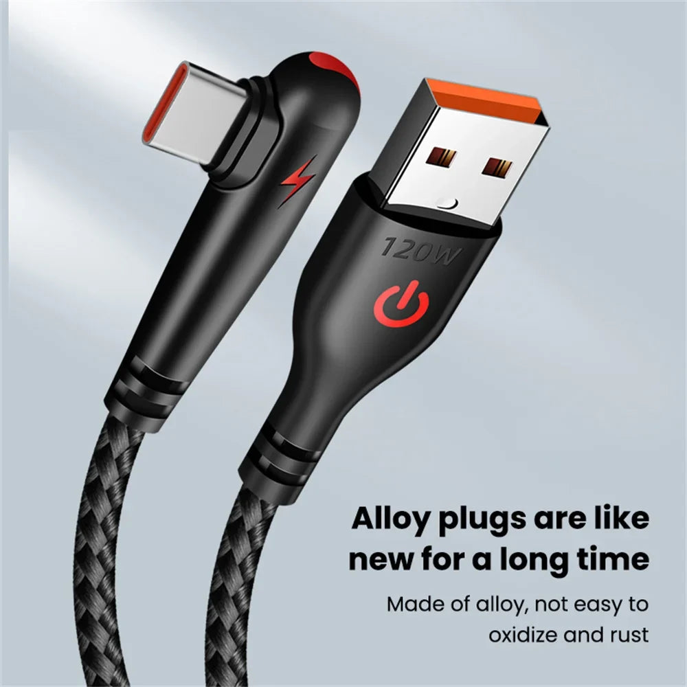 120W USB-C 90° Elbow Fast Charge Nylon Braided Cable USB-C Charging Cable Qme