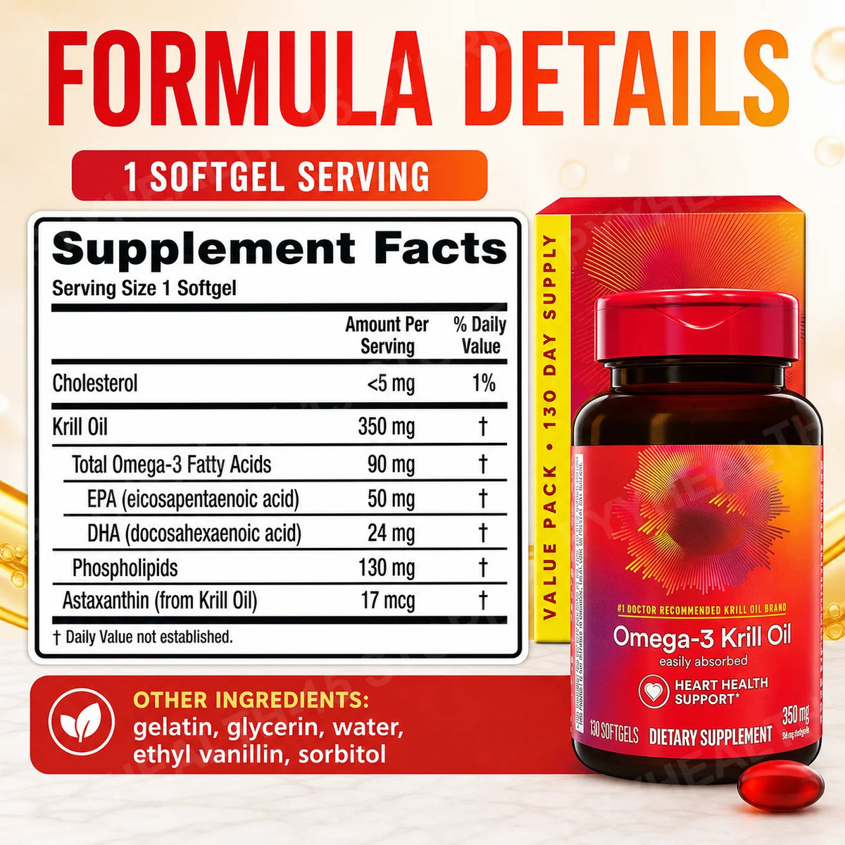 Omega-3 Krill Oil 350mg 130 Softgels – EPA DHA Astaxanthin Omega-3 Supplement Qst