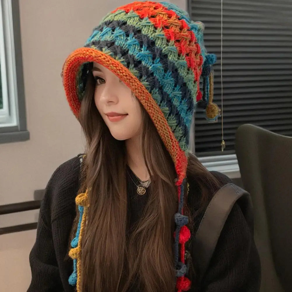 Rainbow Striped Knit Beanie Hat – Women's Winter Warm Cap Knit Beanie Hat Qme
