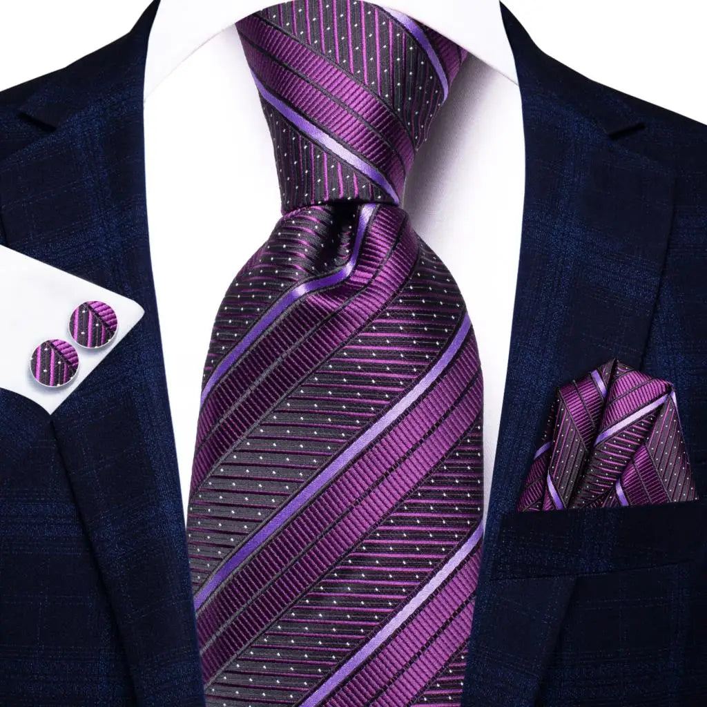 Hi-Tie Purple Silver Striped Silk Necktie – Men's Wedding Tie Silk Necktie Qme SN-3474