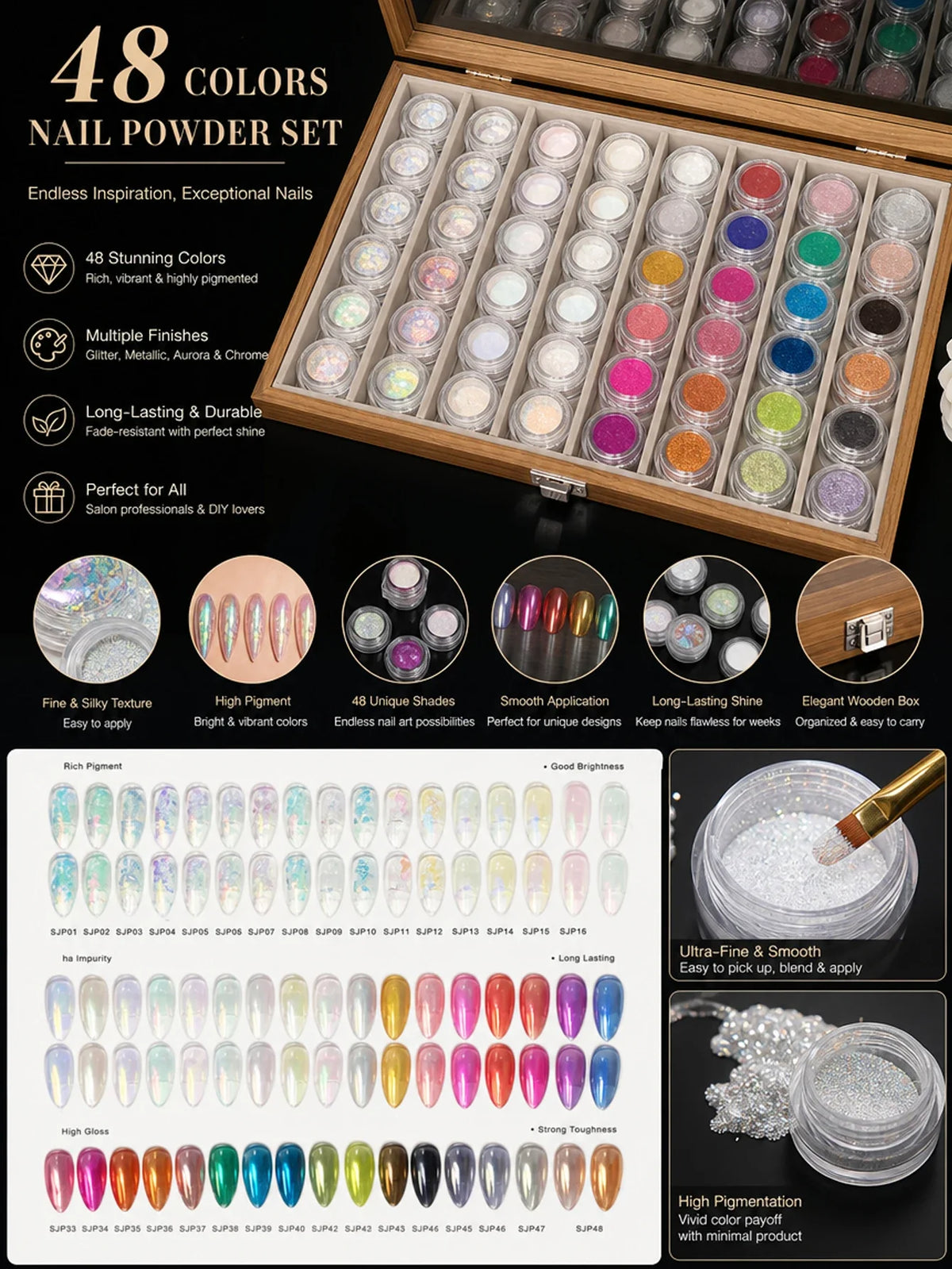 48-Color Aurora Ice-Clear Nail Powder Set with Storage Box Nail Powder Set Qme