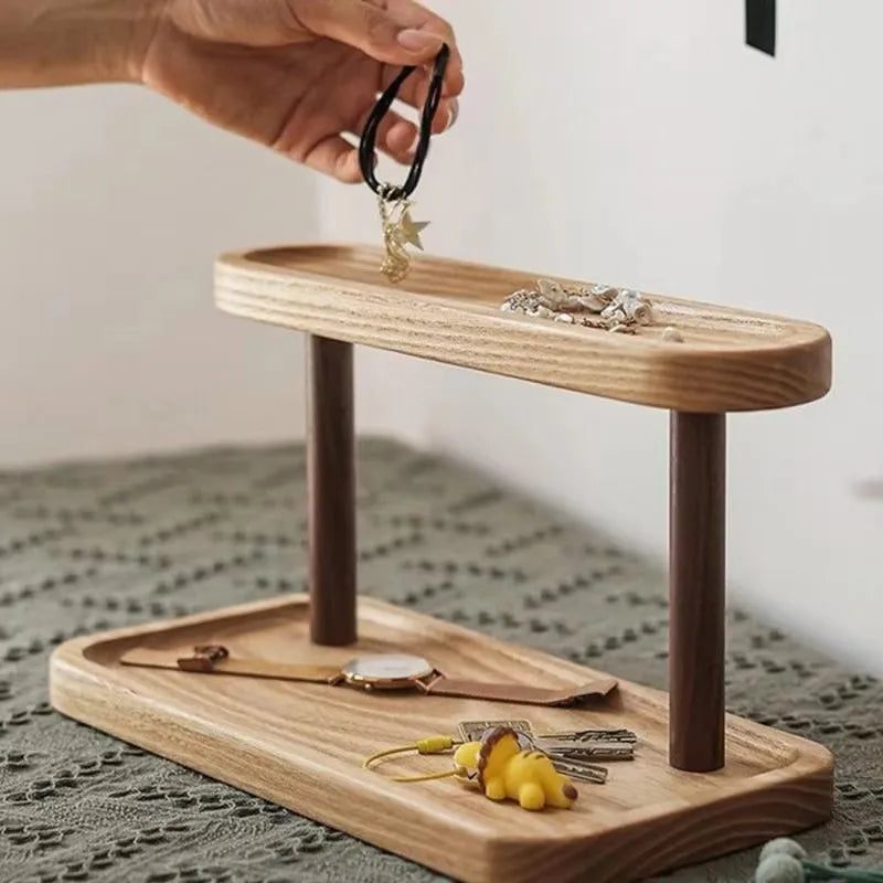 Wooden Double-Layer Tray Rack – Cosmetics & Jewelry Storage Desktop Storage Rack Qme
